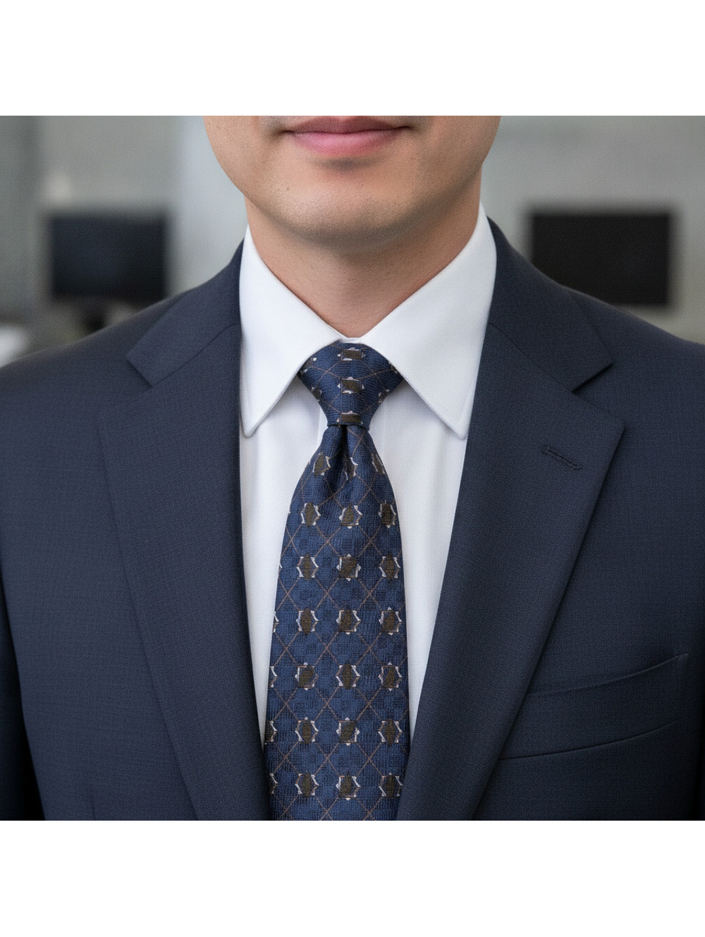 Zylos George Machado Men’s Silk Tie Navy Blue Geometric 57” Vintage 90s USA